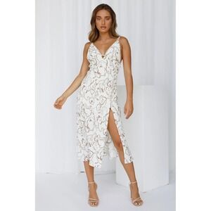 Sundae Muse Side Slit Patterned Midi Dress Brown White Size US 2 Resort Vacation